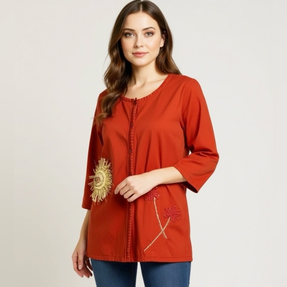 Michael Simon New York Beaded Floral Art to Wear Dandelion Rust Cardigan Top